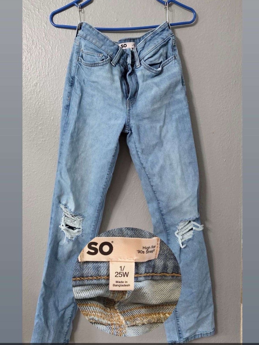 SO Light Blue High-Rise Straight Jeans with Knee Distress